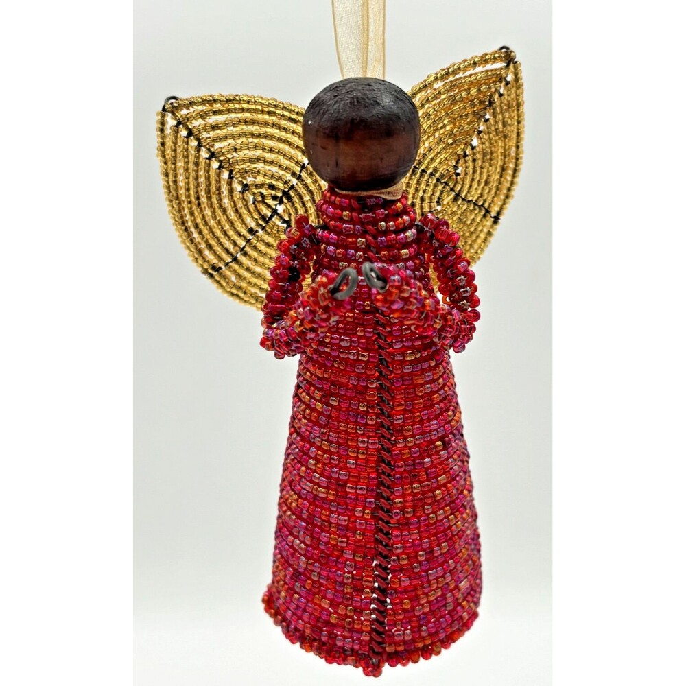 Karisa Massai Brand Seed Beaded Christmas Angel Figurine Ornament Red Gold Wings